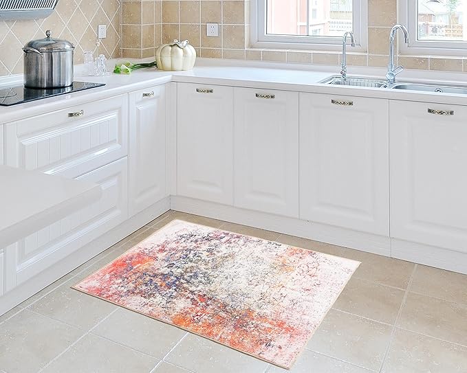 2x3 Rug Washable Boho Rug Soft Small Area Rug Non-Slip Doormat Faux Wool Abstract Rug Low Pile Indoor Throw Rug for Kitchen, Floor, Entryway