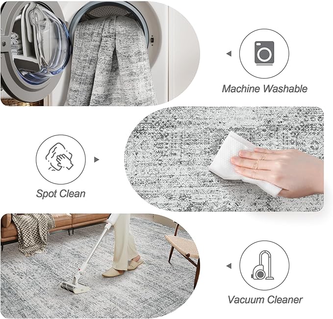 2x3 Washable Rugs for Kitchen, Floor, Entryway, Powder Room Small Area Rug Non-Slip Vintage Low Pile Throw Door Mat Grey
