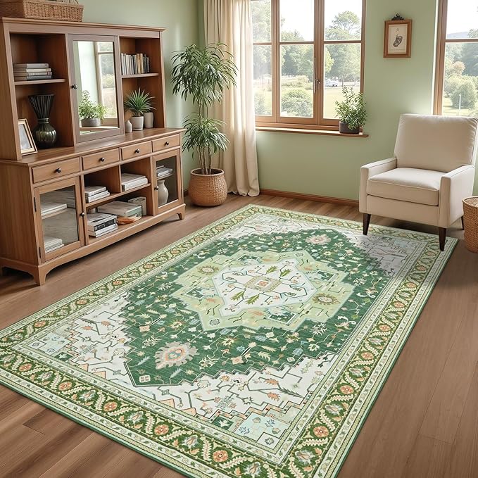 4x6 Green White Area Rug for Living Room, Machine Washable Rugs with Non-Slip Backing for Bedroom, Vintage Medallion Carpet Kitchen Laundry Kids Room Decor
