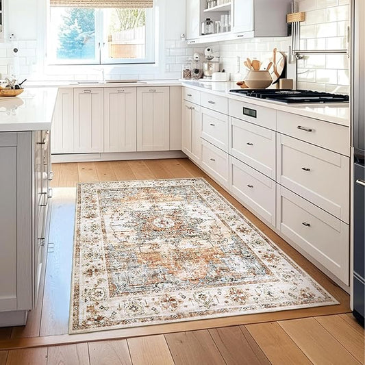 Washable Area Rug for Entryway - 3x5 Soft Indoor Vintage Print Mat Thin Foldable Lightweight Non-Slip Kitchen Bathroom Bedroom, Red