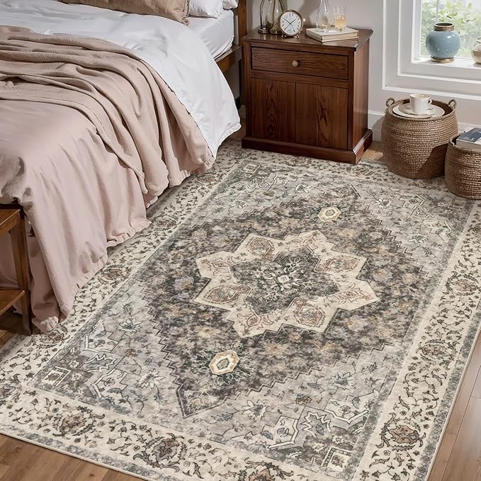 Washable Rug 4x6 Area Rug, Vintage Rug Indoor for Living Room, Non Slip Machine Washable Large Rugs, Soft Print Distressed Brown/Grey Farmhouse Carpet for Bedroom Dining Room Dorm Office
