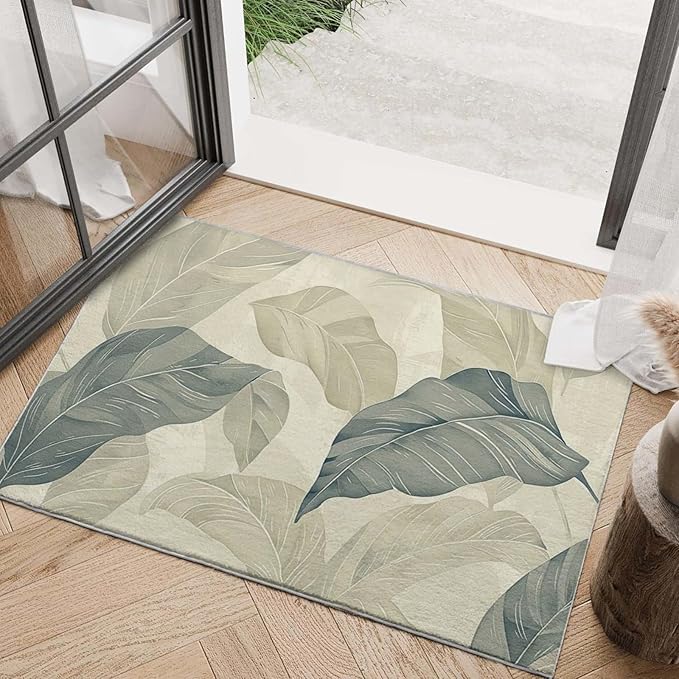 2x3 Entryway Rug Vintage Botanical Leaf Beige Area Rug Thin Small Carpet Bathroom Non Slip Indoor Entrance Low Pile Door Mat Kitchen Stain Resistant Washable Machine