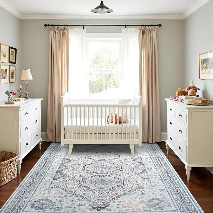 Maxsoft 5X8 Area Rug,Vintage Machine Washable Rugs for Living Room, Soft Non-Slip Low Pile Rug, Stain Resistant Rugs for Kitchen, Bedroom, Dining Room,Laundry Room,Nursery (Beige Blue)