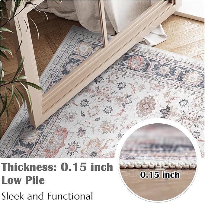 jinchan Hallway Runner Rug 3x8 - Vintage Rug Kitchen Washable Runner Floral Boho Floor Cover Non Slip Thin Mat Retro Distressed Carpet for Bathroom Laundry Room Bedroom Taupe