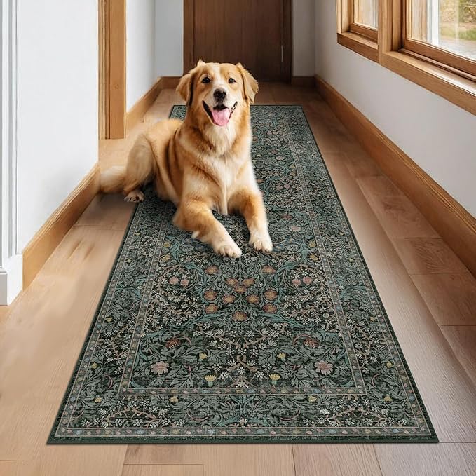 Vintage Dark Green 2'6" x 8' Floor Runner Rug for Hallway, Kitchen, Entryway Indoor, Laundry Room, Washable Non Slip Rubber Backing Stain Resistant