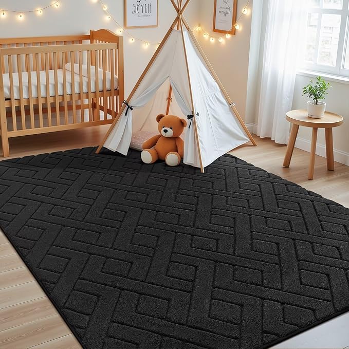 Ultra Soft Black Area Rug for Living Room, 5x7 Modern Geometric Shag Rugs with Nonslip Backing for Bedroom, Washable Fuzzy Carpet for Cozy Kids Room Nursery