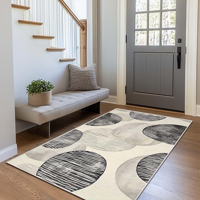 3x5 Entryway Rug Abstract Minimalist Black Beige Circle Neutral Area Rug Bedroom Bedside Small Carpet Bathroom Non Slip Indoor Entrance Low Pile Door Mat Kitchen Stain Resistant Washable Machine