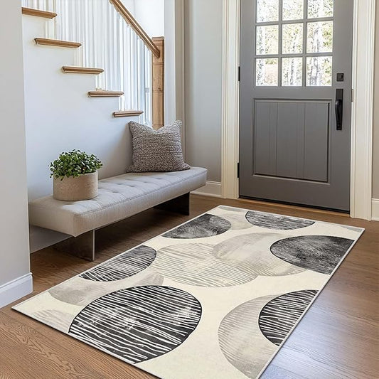 3x5 Entryway Rug Abstract Minimalist Black Beige Circle Neutral Area Rug Bedroom Bedside Small Carpet Bathroom Non Slip Indoor Entrance Low Pile Door Mat Kitchen Stain Resistant Washable