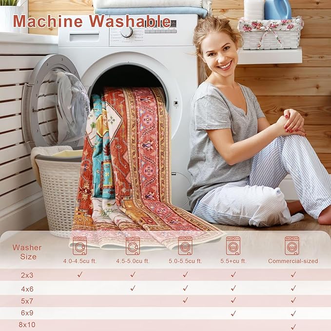 3x5 Orange Pink Area Rug for Living Room, Machine Washable Rugs with Non-Slip Backing for Bedroom, Vintage Medallion Carpet Kitchen Laundry Kids Room Decor