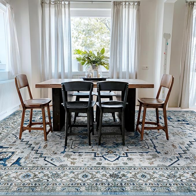 Area Rugs for Living Room 9x12 - Large Machine Washable Vintage Oriental Soft Rug, Low Pile Thin Carpet with Non Slip Backing for Bedroom, Dorm, Under Dining Room Table, Indoor House, Office Decor