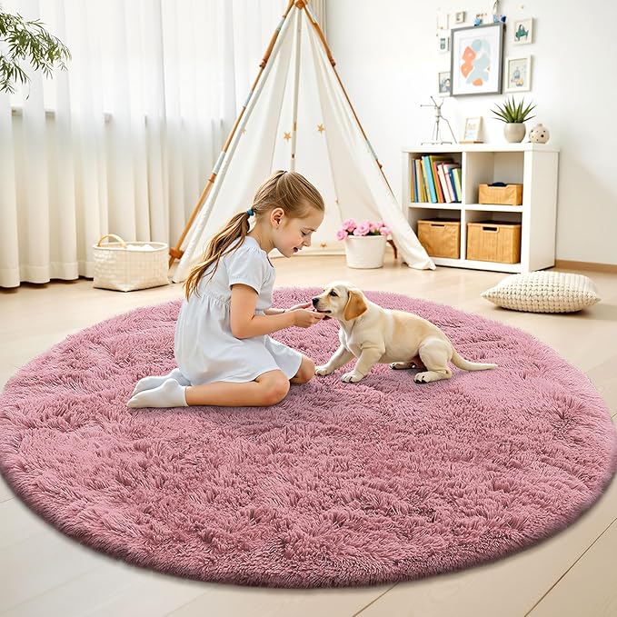 OLANLY Pale Pink Round Rugs for Bedroom - Machine Washable, 7x7 Feet Circle Area Rugs for Living Room, Soft and Fluffy Shaggy Carpet for Teen Girls and Boys, Dorms, Nursery Rooms, Home Decor Aesthetic