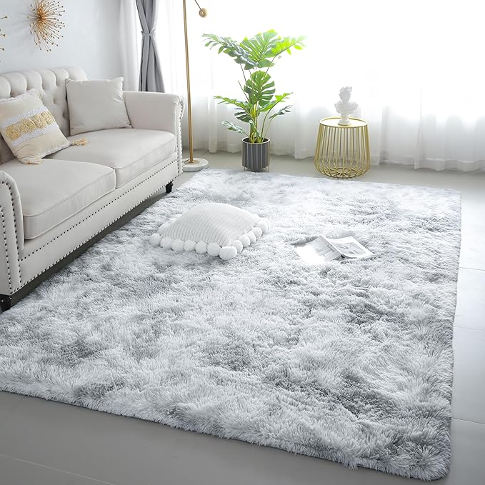 6x9 Light Grey Fluffy Shag Area Rug for Bedroom, Soft Plush Fuzzy Washable Non Slip Carpet for Living Room, Modern Comfy Furry Shaggy Large Rug for Kids Baby Boys Nursery Dorm, Tie-Dye Gray