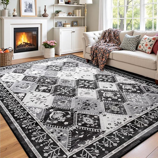 6x9 Washable Area Rug for Living Room, Black/Grey Boho Non-Slip Bedroom Rugs, Moroccan Floral Trellis Carpet Soft Low Pile Vintage Indoor Mat for Kitchen Laundry Room