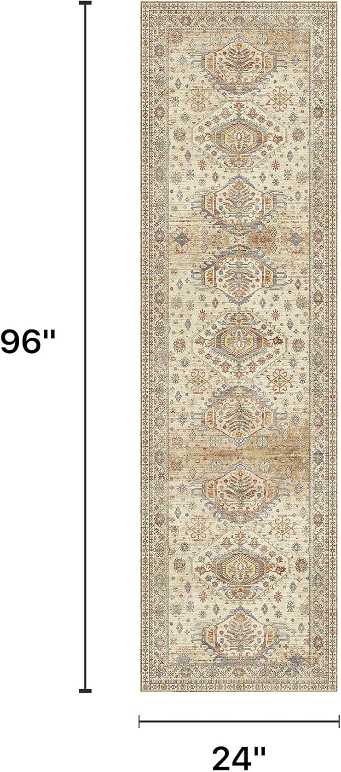 2x8 Runner Rug Non Slip, Machine Washable Rug Runners for Hallways, Vintage Distressed Print Kitchen Runner, Low Pile Lightweight Carpet Runner for Entryway, Laundry, Bedroom, Bathroom Light Brown
