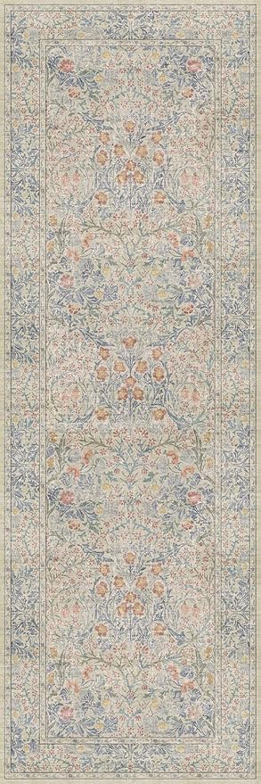 Non Slip Beige Blue Bathroom Runner Rug - Long Runner Rugs 24 x 72 Washable Kitchen Floor Mat, Laundry Room Rug, Hallway Runner - Vintage Design Décor (2x6 Beige Blue)