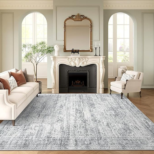 10x14 Area Rugs for Living Room, Non Slip Machine Washable Vintage Rugs, Low Pile Lightweight Large Rug for Bedroom, Dining Room, Home Office Grey