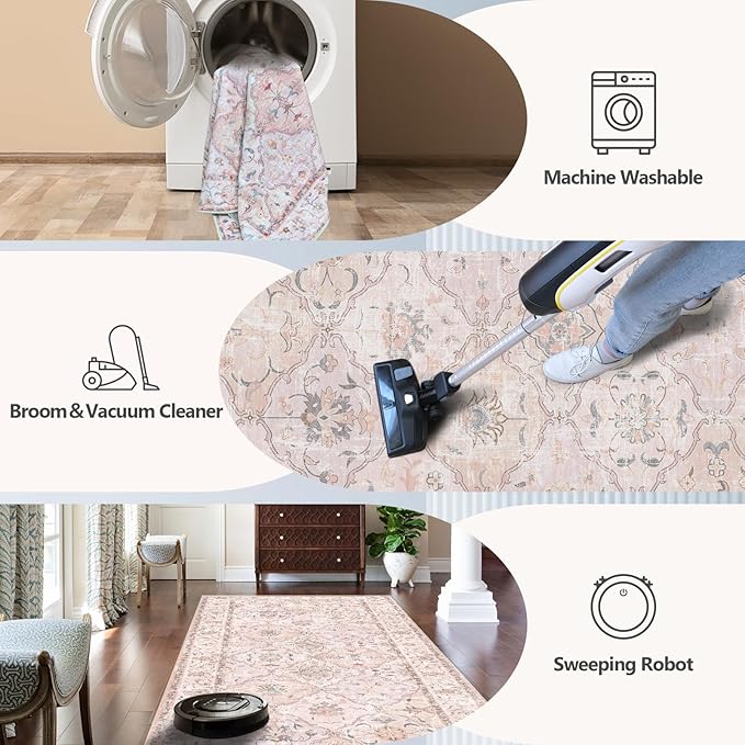 Washable Boho Vintage Area Rugs 2×3 Non-Slip Traditional Pink Area Rug Doormat for Bathroom Kitchen Entryway