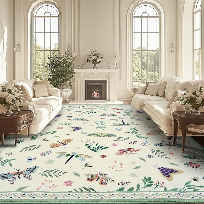 ASPMIZ Insect Area Rug 8X10 Living Room Rug, Spring Summer Washable Rug Non Slip, Farmhouse Butterfly Rugs for Living Room Low Pile, Soft Faux Wool Throw Carpet for Kids Room Dining Room, Beige
