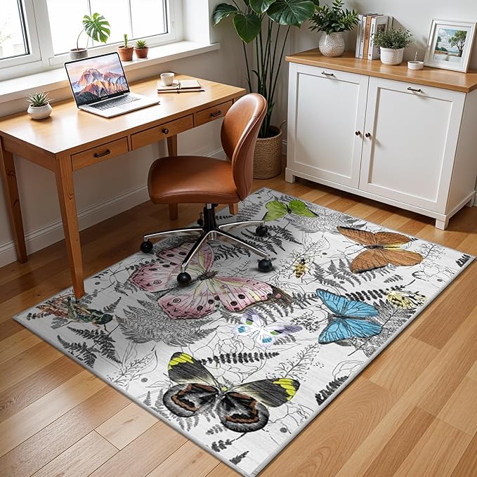 YOUFORTONG Washable Rug 3x5 Area Rugs: Soft Ultra Thin Low Pile Mat Machine Washable Indoor Doormat Lightweight Entry Rug Anti Slip Backing Rugs for Living Room Bedroom Kitchen 3'x5' Butterfly