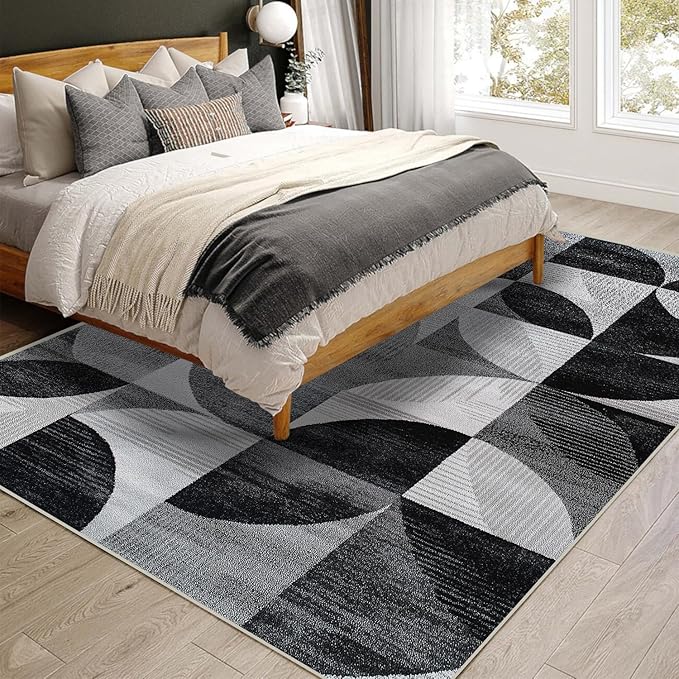 3x5 Area Rugs for Living Room Machine Washable Geometric Boho Rug Non Slip Printed Black and Grey Rug Carpet Friendly Modern Rug for Bathroom Bedroom Dining Room Office