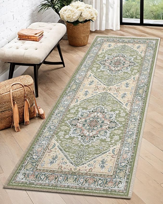 BESTSWEETIE 2x8 Area Rugs for Living Room Washable Non Slip Carpet Low Pile Soft Vintage Print Pattern Rug for Bedroom Dining Room Kitchen Entryway Indoor-Green/Light tan/Blue/Grey