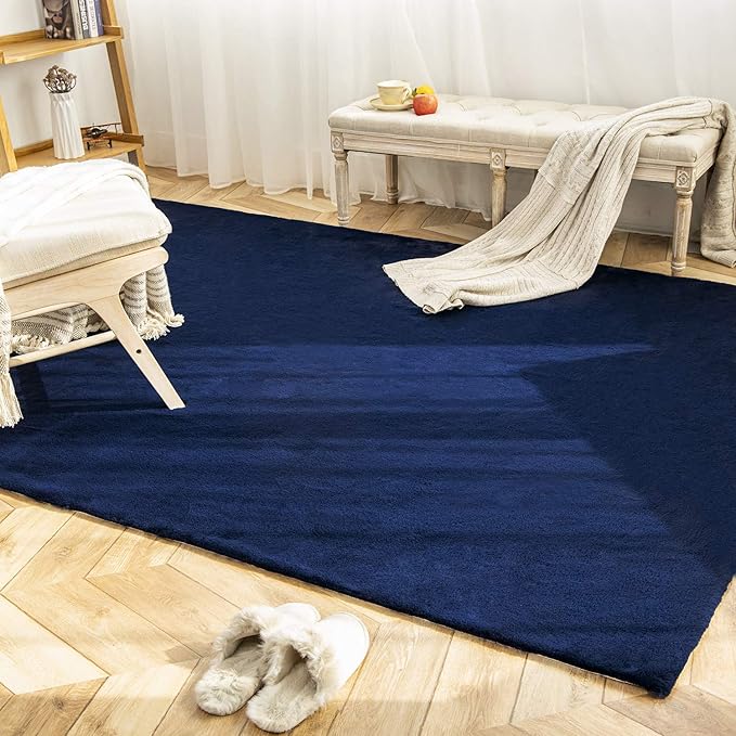 Ashler Faux Fur Rug, Ultra Soft Faux Rabbit Fur, Dark Blue Area Rugs, 5 x 7 Feet Rectangle, Machine Washable Nursery Decor Throw Rugs for Bedroom, Kids Room, Living Room
