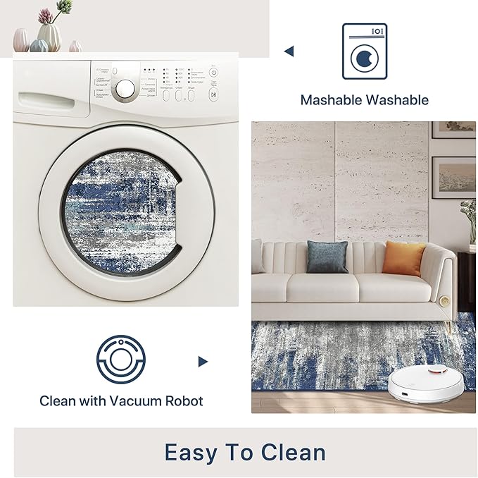 Bavni Area Rugs, Machine Washable Bedroom Rug, Abstrcat 4x6 Rug Non-Slip Rubberback, Modern Soft Foldable Rugs for Bedroom, Laundry, Office, Blue/Ivory
