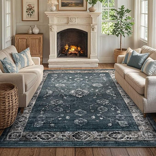 3x5 Washable Area Rugs for Living Room Stain-Resistant Bedroom Rug with Non-Shedding &Slip Faux Wool,Vintage Floral Aesthetic Carpet Foldable for Indoor Dining Room