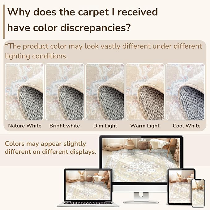 BESTSWEETIE 4ft Area Rugs for Living Room Washable Non Slip Carpet Low Pile Soft Vintage Print Pattern Rug for Bedroom Dining Room Kitchen Entryway Indoor-Cream/Light Yellow/Brown/Blue/Red/Pink