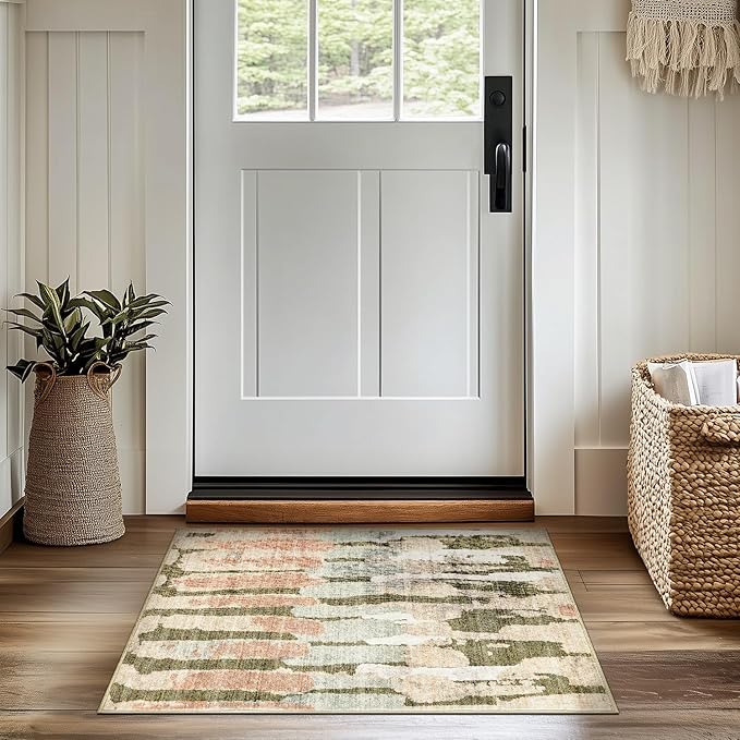 jinchan Spring Area Rug 2x3 Modern Abstract Washable Entryway Rug Soft Small Moss Green Multi Contemporary Accent Mat Non Slip Backing Carpet for Kitchen Bathroom Laundry Room