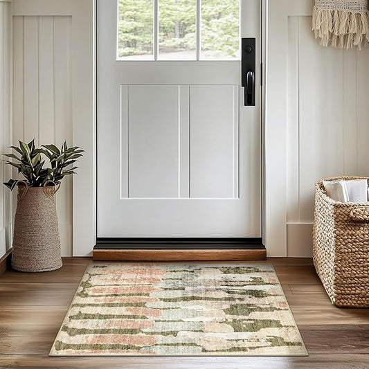 jinchan Spring Area Rug 2x3 Modern Abstract Washable Entryway Rug Soft Small Moss Green Multi Contemporary Accent Mat Non Slip Backing Carpet for Kitchen Bathroom Laundry Room