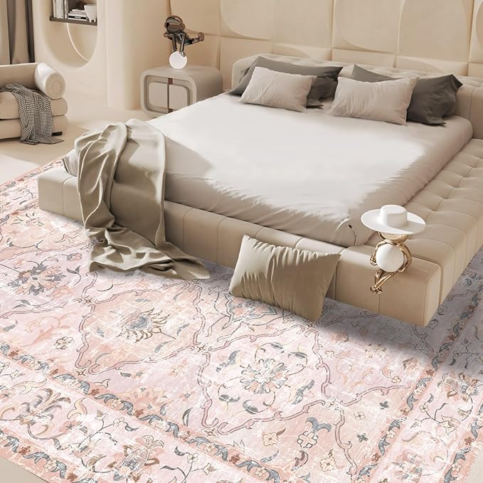 Washable Boho Vintage Area Rugs 6×9 Non-Slip Traditional Pink Area Rug for Nursery Living Room Bedroom Dining Room Girls' Room