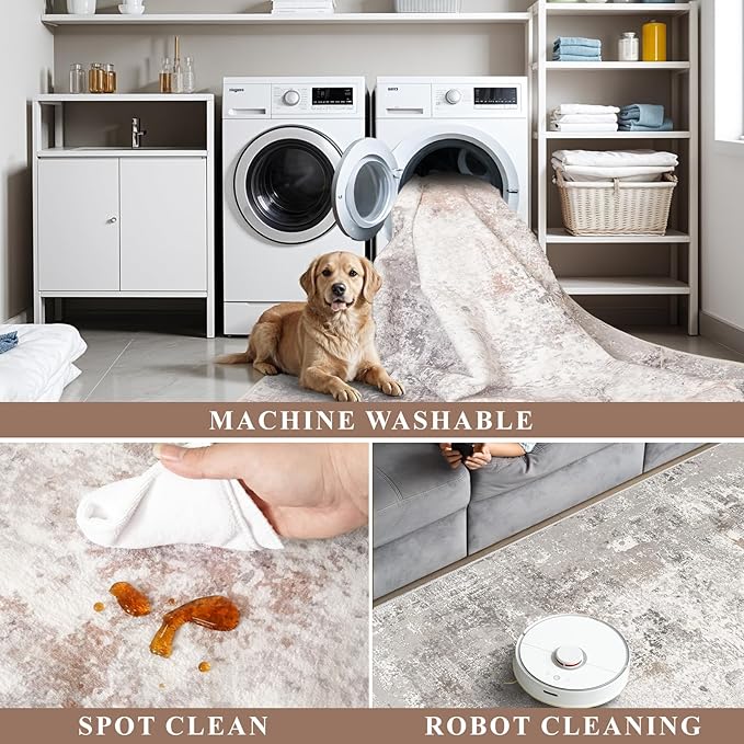 2x3 Washable Non-Slip Area Rug - Soft Low Pile Throw Rug for Kitchen Entryway Bedroom - Modern Indoor Door Mat with Rubber Backing,Beige/Grey