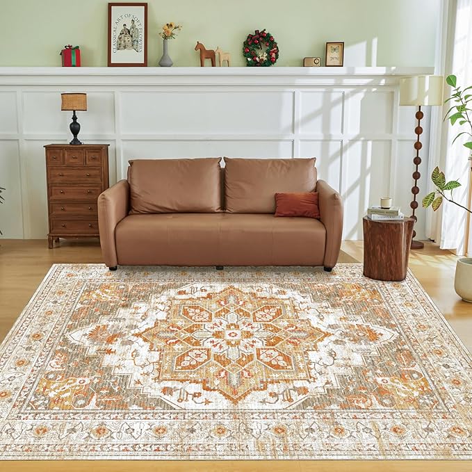 Washable Area Rugs 6×9 Yellow Vintage 6x9 Area Rugs Clearance Ultra-Thin Oriental Boho Rugs for Living Room Indoor 6x9 Non-Slip Rug Foldable Washable Accent Rugs for Bedroom Dining Room