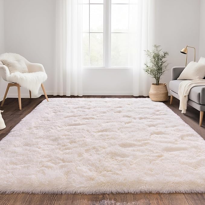 White Fluffy Rug for Bedroom 3x5 ft Small Rug - Ultra Soft & Non Slip Shaggy Area Rug, Comfy Durable Carpet for Living Room Kids Room Teens Dorm Home Decor, 1.7'' Thick Indoor Plush Carpets