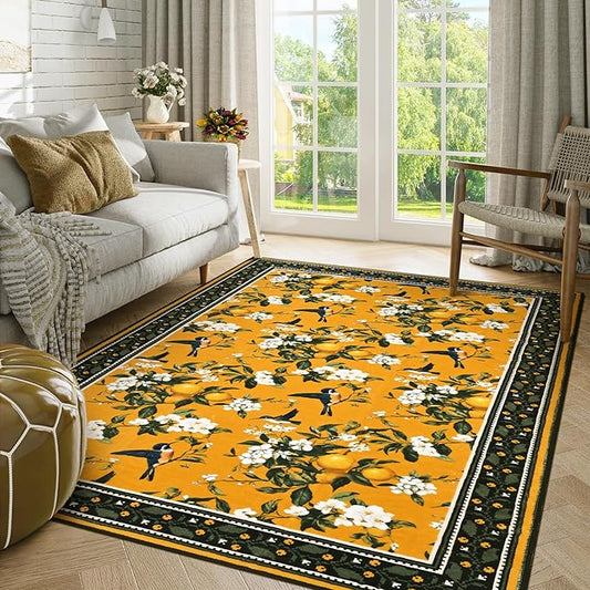 ASPMIZ Yellow Floral Area Rug, Lemon Hummingbird 3x5 Rug Washable Non Slip, Vintage Rugs for Living Room, Foldable Low Pile Soft Throw Rug Carpet for Bedroom Kitchen Dining Room Nursery Office