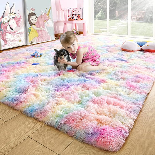 Noahas 3x5 Fluffy Pink Kids Rugs for Room,Rainbow Rug for Girls Bedroom,Soft Playroom Shag Nursery Carpets Room Decor