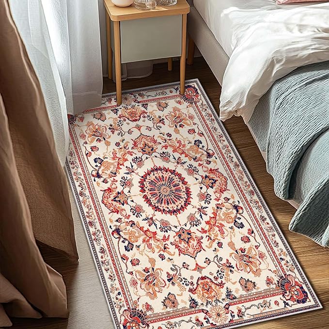3x5 Entryway Rug Boho Orange Area Rug Indoor Entrance Non Slip Door Mat Stain Resistant Washable Machine Soft Low Pile Small Carpet Bathroom Kitchen