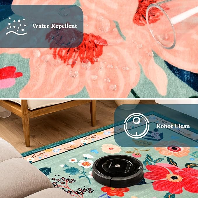 2.5x8 Floral Runner Rug, Flowers Printed Washable Rugs with Non Slip Backing for Girls Bedroom Kitchen Hallway,Cute Carpet Runners Home Aesthetic Decor, Light Green