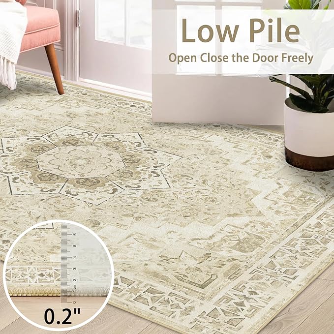 Washable Area Rug 3x5 Boho Entryway Rug Non Slip Soft Vintage Kitchen Rug Oriental Distressed Living Room Bedroom Rugs Indoor Floor Carpet for Bathroom Dining Room Office Entrance Dorm, Beige