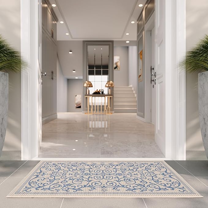 SAFAVIEH Courtyard Collection Accent Rug - 2' x 3'7", Natural & Blue, Indoor/Outdoor & Washable, Ideal for High Traffic Areas in Patio, Backyard, Mudroom, Entryway, Doormat (CY2098-3101-2)