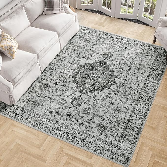Dripex 8x10 Area Rugs, Machine Washable Non Slip Distressed Boho Rugs,Large Area Rug for Bedroom Aesthetic, No Pile Lightweight Vintage Rug, Carpet for Living Room Dining Room Apartment Den,Grey
