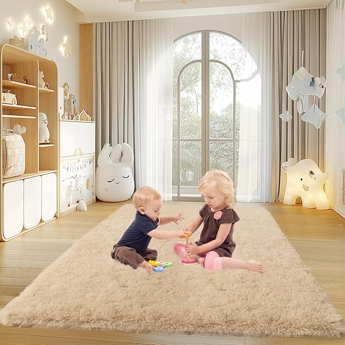 4x6 Rugs for Living Room, Large Fluffy Area Rugs for Bedroom, Soft Carpet Shag Kids Rug with 4 Non-Slip Rug Pads (Light Tan, 4ft x 6ft)