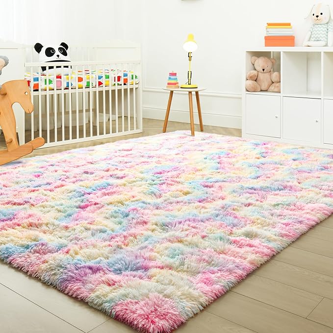 Tepook Soft Rainbow Rug for Girls Room, Cute Fluffy Bedroom Rug, 5x8 Feet Shaggy Princess Colorful Carpet for Kids Teens Toddler Playroom Nursery Reading Nook, Pink