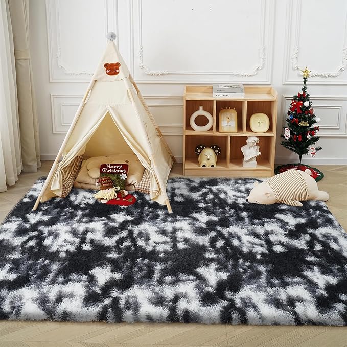 Fluffy Rug Shaggy Area Rug, Mottling Black 8x10 Area Rugs for Living Room, Large Shag Area Rugs for Bedroom Kids Room Home Decor, Upgrade Anti-Skid Rectangular Fuzzy Rugs