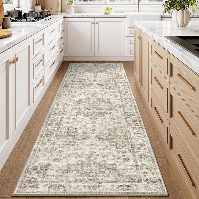 2x6 Washable Neutral Runner Rug Taupe Hallway Kitchen Non-Slip Low Pile Floral Carpet Vintage Soft Thin Throw Rug for Bathroom Bedroom Entryway Laundry Dining Room