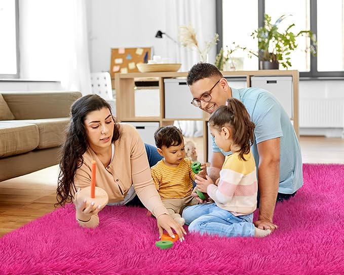 5x7 Rugs for Living Room, Large Fluffy Area Rugs for Bedroom, Soft Carpet Shag Kids Rug with 4 Non-Slip Rug Pads (Hot Pink, 5ft x 7ft)