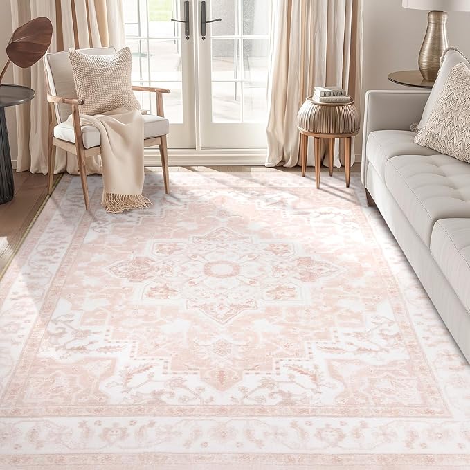 BESTSWEETIE 8x10 Area Rugs for Living Room, Washable Ultra Soft Boho Vintage Print Pattern Rug Non Slip Low Pile Carpet for Dining Room Bedroom Entryway Indoor-Light Pink