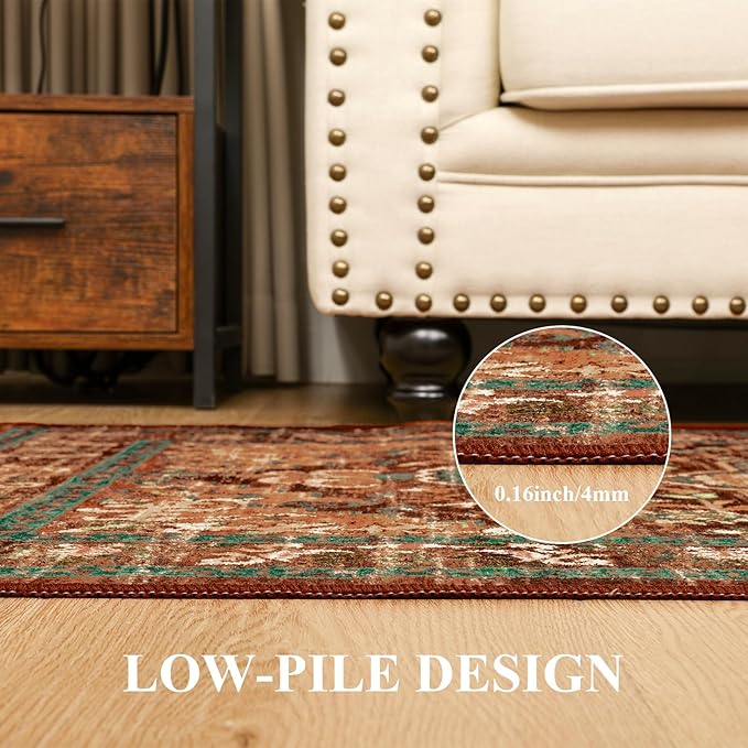 U'Artlines 2x3 Washable Boho Area Rug, Small Non Slip Vintage Doormat for Indoor Front Door Ultra Thin Mat Carpet for Entryway Kitchen Bathroom Bedroom Rust＆Teal