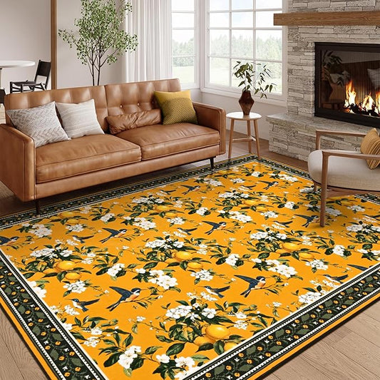 ASPMIZ Yellow Area Rug 5x7 Rug for Living Room Vintage Floral Washable Rugs for Bedroom Non Slip Soft Low Pile Lemon Throw Rugs for Dining Room Nursery Kitchen Entryway Laundry Office Mustard Yellow